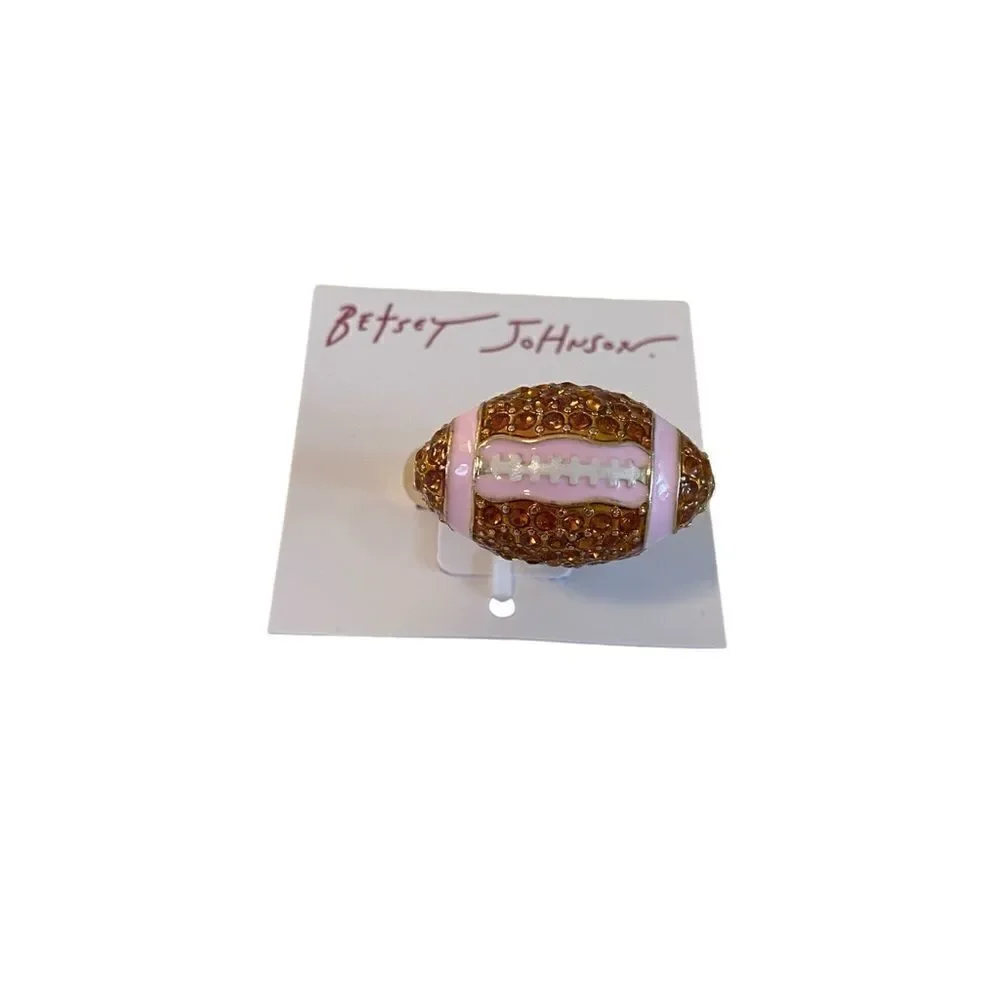 Betsey Johnson Sparkly Pave Crystal Football Cocktail Ring w/ Stretch Band.